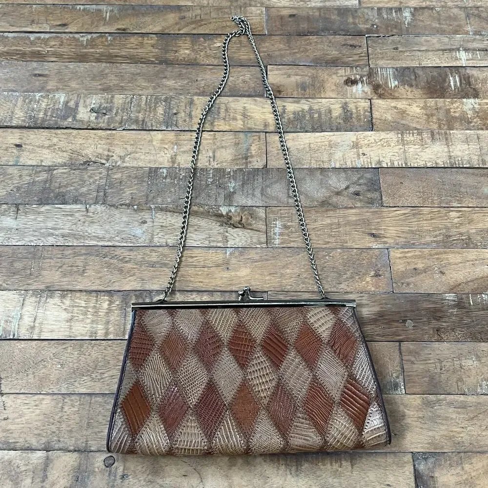 Vintage Clutch Handbag Kiss Lock Genuine Teju Lizard Skin Leather Patchwork - Picture 5 of 11